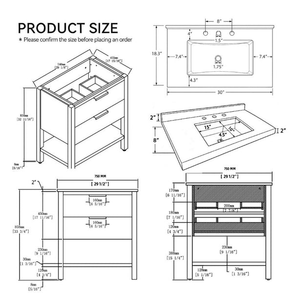 English Elm 30 Inch Freestanding Bathroom Vanity with Undermount Sink and Cultured Marble Top Oak Carrara White B2775S00303