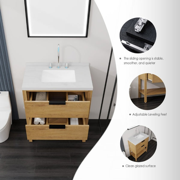 English Elm 30 Inch Freestanding Bathroom Vanity with Undermount Sink and Cultured Marble Top Oak Carrara White B2775S00303