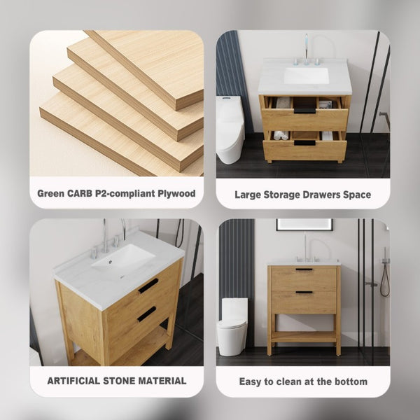 English Elm 30 Inch Freestanding Bathroom Vanity with Undermount Sink and Cultured Marble Top Oak Carrara White B2775S00303