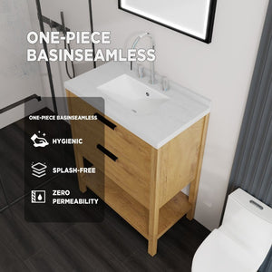 English Elm 30 Inch Freestanding Bathroom Vanity with Undermount Sink and Cultured Marble Top Oak Carrara White B2775S00303