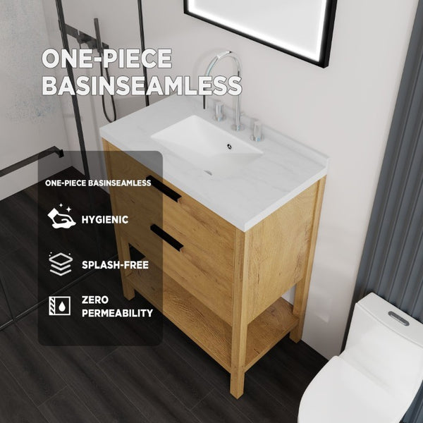English Elm 30 Inch Freestanding Bathroom Vanity with Undermount Sink and Cultured Marble Top Oak Carrara White B2775S00303