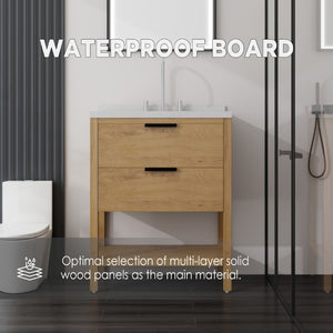 English Elm 30 Inch Freestanding Bathroom Vanity with Undermount Sink and Cultured Marble Top Oak Carrara White B2775S00303