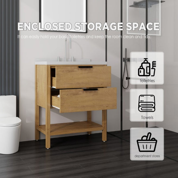 English Elm 30 Inch Freestanding Bathroom Vanity with Undermount Sink and Cultured Marble Top Oak Carrara White B2775S00303