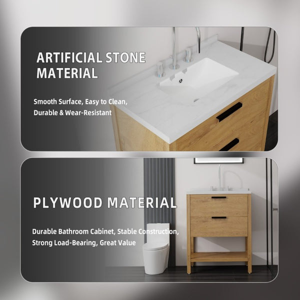 English Elm 30 Inch Freestanding Bathroom Vanity with Undermount Sink and Cultured Marble Top Oak Carrara White B2775S00303