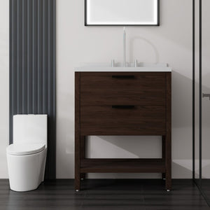 English Elm 30 Inch Freestanding Bathroom Vanity with Undermount Sink and Cultured Marble Top Brown Carrara White B2775S00304
