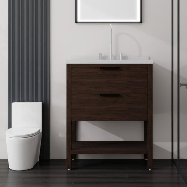English Elm 30 Inch Freestanding Bathroom Vanity with Undermount Sink and Cultured Marble Top Brown Carrara White B2775S00304