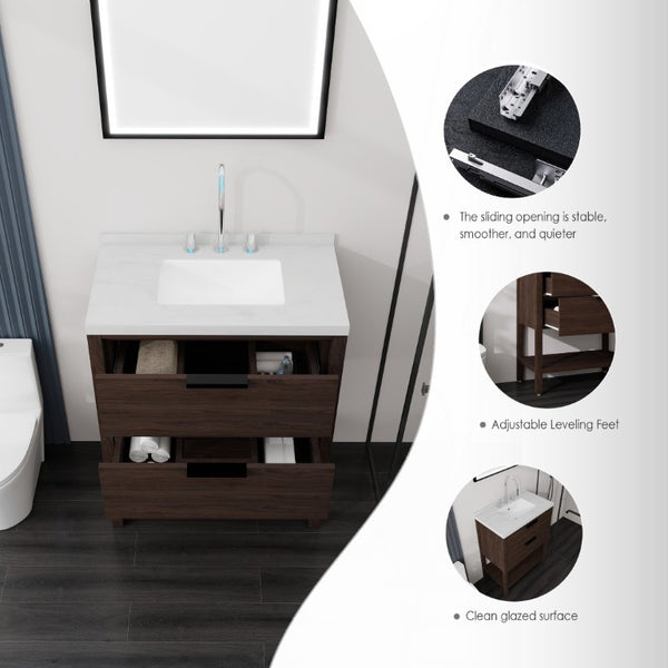 English Elm 30 Inch Freestanding Bathroom Vanity with Undermount Sink and Cultured Marble Top Brown Carrara White B2775S00304
