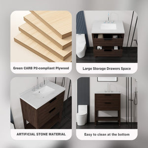 English Elm 30 Inch Freestanding Bathroom Vanity with Undermount Sink and Cultured Marble Top Brown Carrara White B2775S00304