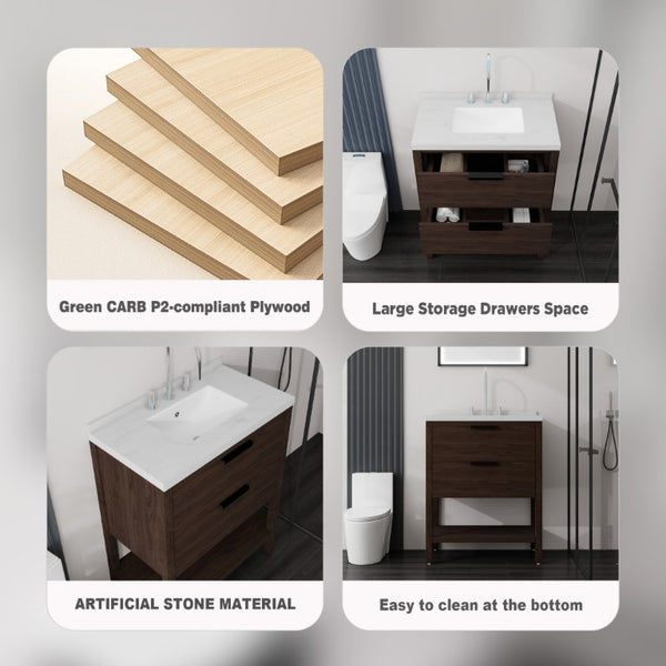 English Elm 30 Inch Freestanding Bathroom Vanity with Undermount Sink and Cultured Marble Top Brown Carrara White B2775S00304
