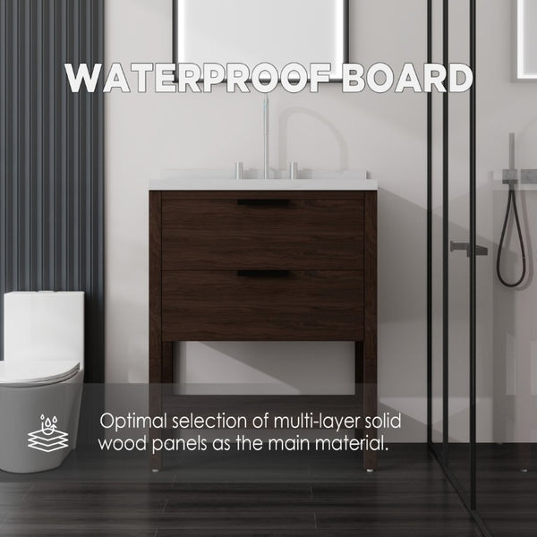 English Elm 30 Inch Freestanding Bathroom Vanity with Undermount Sink and Cultured Marble Top Brown Carrara White B2775S00304