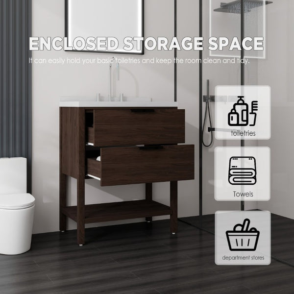 English Elm 30 Inch Freestanding Bathroom Vanity with Undermount Sink and Cultured Marble Top Brown Carrara White B2775S00304