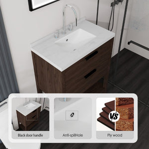 English Elm 30 Inch Freestanding Bathroom Vanity with Undermount Sink and Cultured Marble Top Brown Carrara White B2775S00304