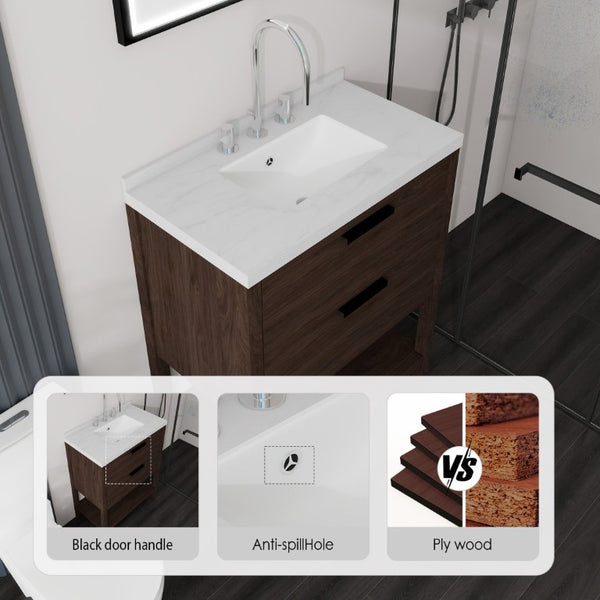 English Elm 30 Inch Freestanding Bathroom Vanity with Undermount Sink and Cultured Marble Top Brown Carrara White B2775S00304