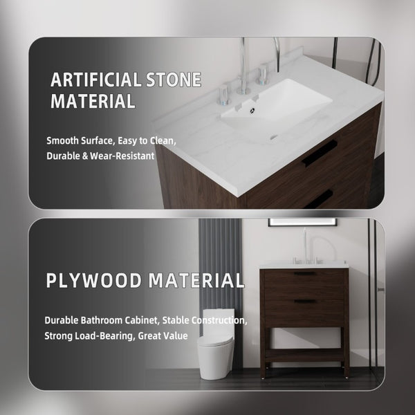 English Elm 30 Inch Freestanding Bathroom Vanity with Undermount Sink and Cultured Marble Top Brown Carrara White B2775S00304