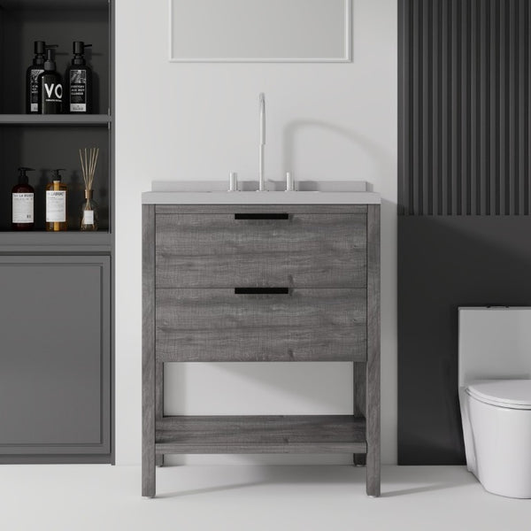 English Elm 30 Inch Freestanding Bathroom Vanity with Undermount Sink and Cultured Marble Top Grey Granite White B2775S00305