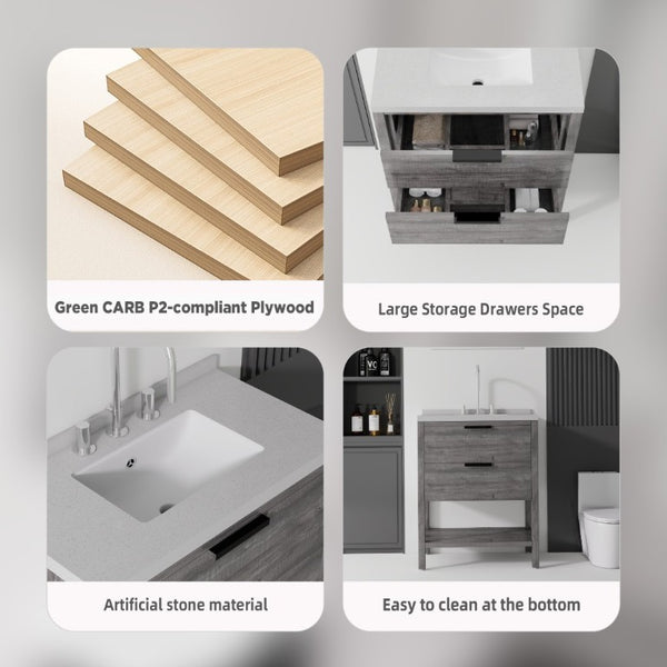English Elm 30 Inch Freestanding Bathroom Vanity with Undermount Sink and Cultured Marble Top Grey Granite White B2775S00305
