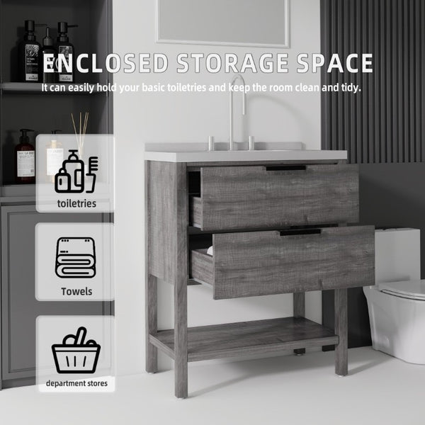 English Elm 30 Inch Freestanding Bathroom Vanity with Undermount Sink and Cultured Marble Top Grey Granite White B2775S00305