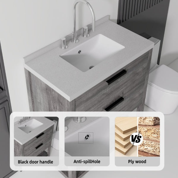 English Elm 30 Inch Freestanding Bathroom Vanity with Undermount Sink and Cultured Marble Top Grey Granite White B2775S00305