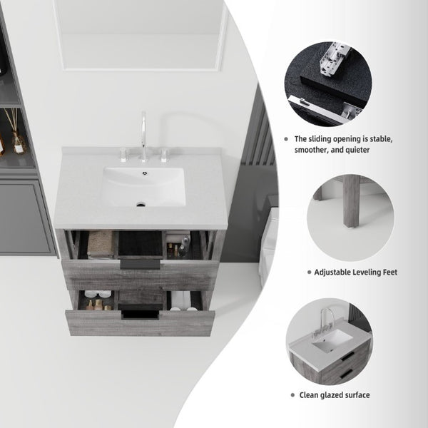 English Elm 30 Inch Freestanding Bathroom Vanity with Undermount Sink and Cultured Marble Top Grey Granite White B2775S00305