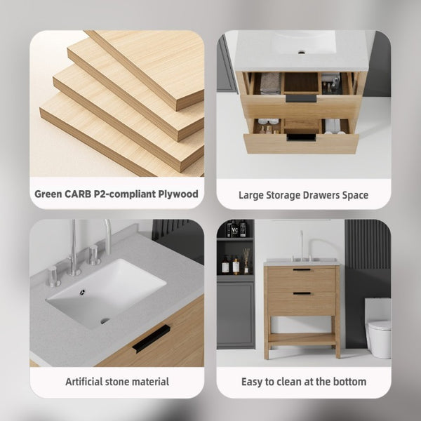 English Elm 30 Inch Freestanding Bathroom Vanity with Undermount Sink and Cultured Marble Top Oak Granite White B2775S00306