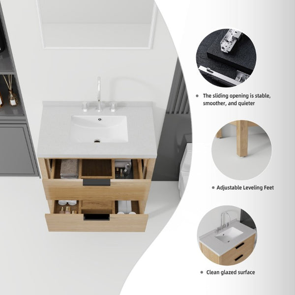 English Elm 30 Inch Freestanding Bathroom Vanity with Undermount Sink and Cultured Marble Top Oak Granite White B2775S00306