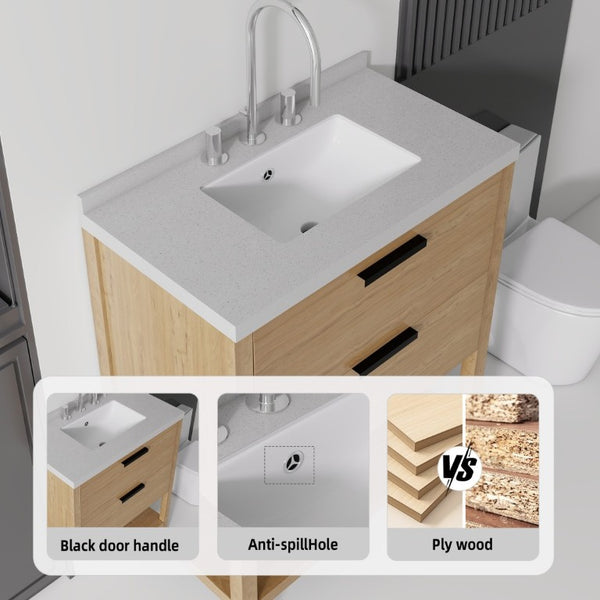 English Elm 30 Inch Freestanding Bathroom Vanity with Undermount Sink and Cultured Marble Top Oak Granite White B2775S00306