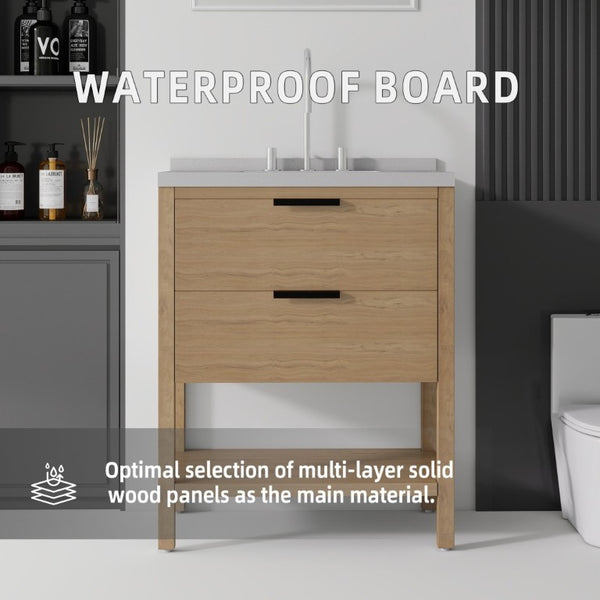English Elm 30 Inch Freestanding Bathroom Vanity with Undermount Sink and Cultured Marble Top Oak Granite White B2775S00306