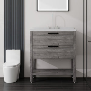 English Elm 36 Inch Freestanding Bathroom Vanity Plywood Cabinet Undermount Sink Marble Top Grey Carrara White B2775S00308