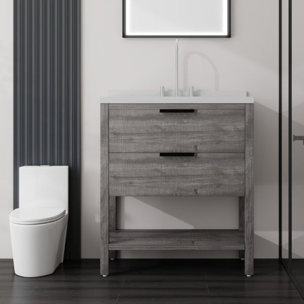 English Elm 36 Inch Freestanding Bathroom Vanity Plywood Cabinet Undermount Sink Marble Top Grey Carrara White B2775S00308