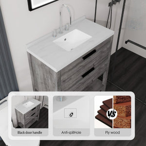 English Elm 36 Inch Freestanding Bathroom Vanity Plywood Cabinet Undermount Sink Marble Top Grey Carrara White B2775S00308