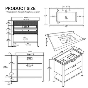 English Elm 36 Inch Freestanding Bathroom Vanity Plywood Cabinet Undermount Sink Marble Top Grey Carrara White B2775S00308
