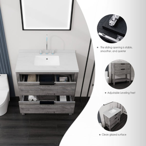 English Elm 36 Inch Freestanding Bathroom Vanity Plywood Cabinet Undermount Sink Marble Top Grey Carrara White B2775S00308