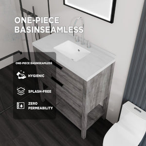 English Elm 36 Inch Freestanding Bathroom Vanity Plywood Cabinet Undermount Sink Marble Top Grey Carrara White B2775S00308