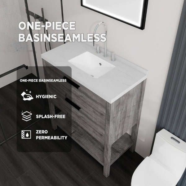 English Elm 36 Inch Freestanding Bathroom Vanity Plywood Cabinet Undermount Sink Marble Top Grey Carrara White B2775S00308