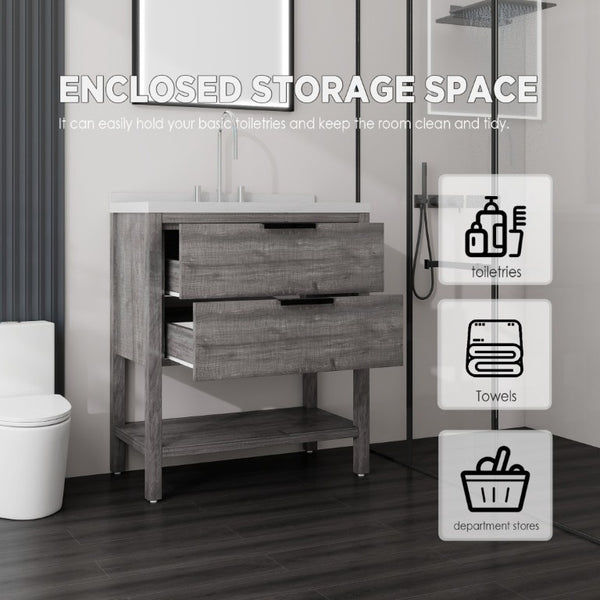 English Elm 36 Inch Freestanding Bathroom Vanity Plywood Cabinet Undermount Sink Marble Top Grey Carrara White B2775S00308
