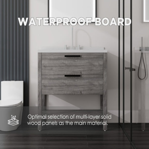 English Elm 36 Inch Freestanding Bathroom Vanity Plywood Cabinet Undermount Sink Marble Top Grey Carrara White B2775S00308