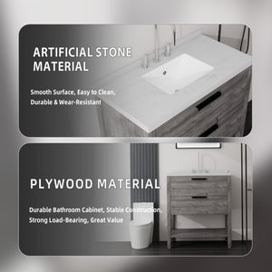 English Elm 36 Inch Freestanding Bathroom Vanity Plywood Cabinet Undermount Sink Marble Top Grey Carrara White B2775S00308
