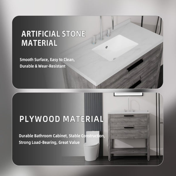 English Elm 36 Inch Freestanding Bathroom Vanity Plywood Cabinet Undermount Sink Marble Top Grey Carrara White B2775S00308