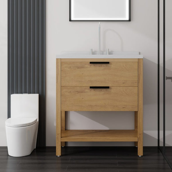 English Elm 36 Inch Freestanding Bathroom Vanity Plywood Cabinet Undermount Sink Marble Top Oak Carrara White B2775S00309