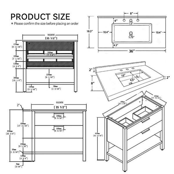 English Elm 36 Inch Freestanding Bathroom Vanity Plywood Cabinet Undermount Sink Marble Top Oak Carrara White B2775S00309