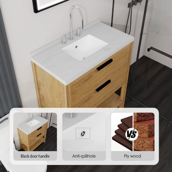 English Elm 36 Inch Freestanding Bathroom Vanity Plywood Cabinet Undermount Sink Marble Top Oak Carrara White B2775S00309