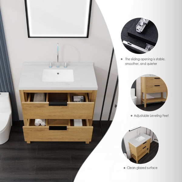 English Elm 36 Inch Freestanding Bathroom Vanity Plywood Cabinet Undermount Sink Marble Top Oak Carrara White B2775S00309