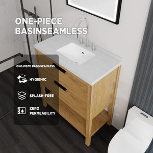 English Elm 36 Inch Freestanding Bathroom Vanity Plywood Cabinet Undermount Sink Marble Top Oak Carrara White B2775S00309
