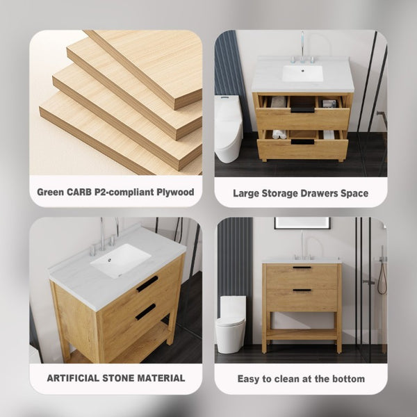 English Elm 36 Inch Freestanding Bathroom Vanity Plywood Cabinet Undermount Sink Marble Top Oak Carrara White B2775S00309