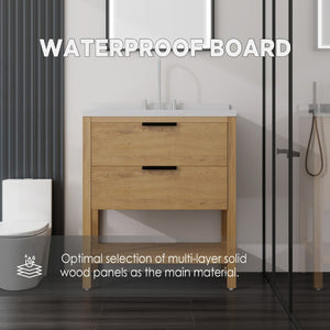 English Elm 36 Inch Freestanding Bathroom Vanity Plywood Cabinet Undermount Sink Marble Top Oak Carrara White B2775S00309