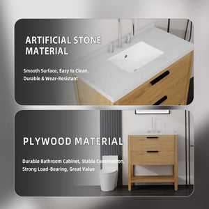 English Elm 36 Inch Freestanding Bathroom Vanity Plywood Cabinet Undermount Sink Marble Top Oak Carrara White B2775S00309