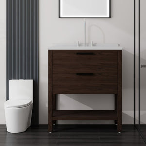 English Elm 36 Inch Freestanding Bathroom Vanity Plywood Cabinet Undermount Sink Marble Top Brown Carrara White B2775S00310