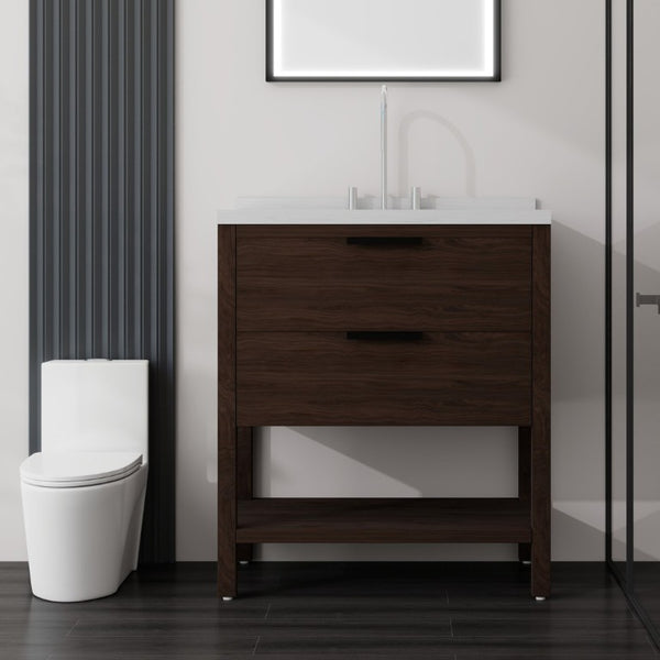 English Elm 36 Inch Freestanding Bathroom Vanity Plywood Cabinet Undermount Sink Marble Top Brown Carrara White B2775S00310