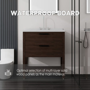 English Elm 36 Inch Freestanding Bathroom Vanity Plywood Cabinet Undermount Sink Marble Top Brown Carrara White B2775S00310