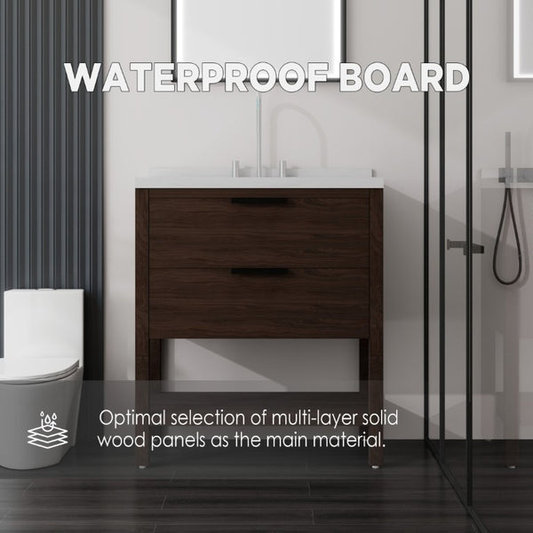 English Elm 36 Inch Freestanding Bathroom Vanity Plywood Cabinet Undermount Sink Marble Top Brown Carrara White B2775S00310
